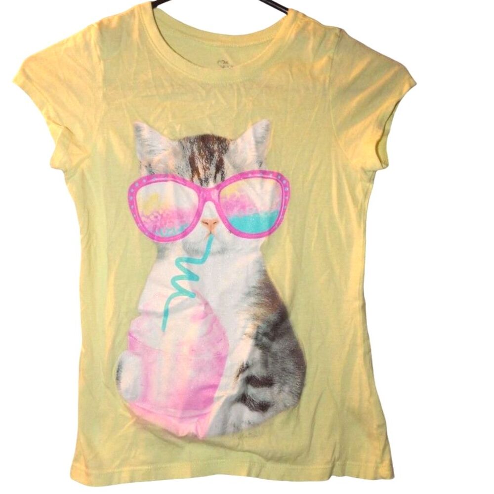 Children's Place girls medium 7/8 light yellow milkshake cat graphic t-shirt